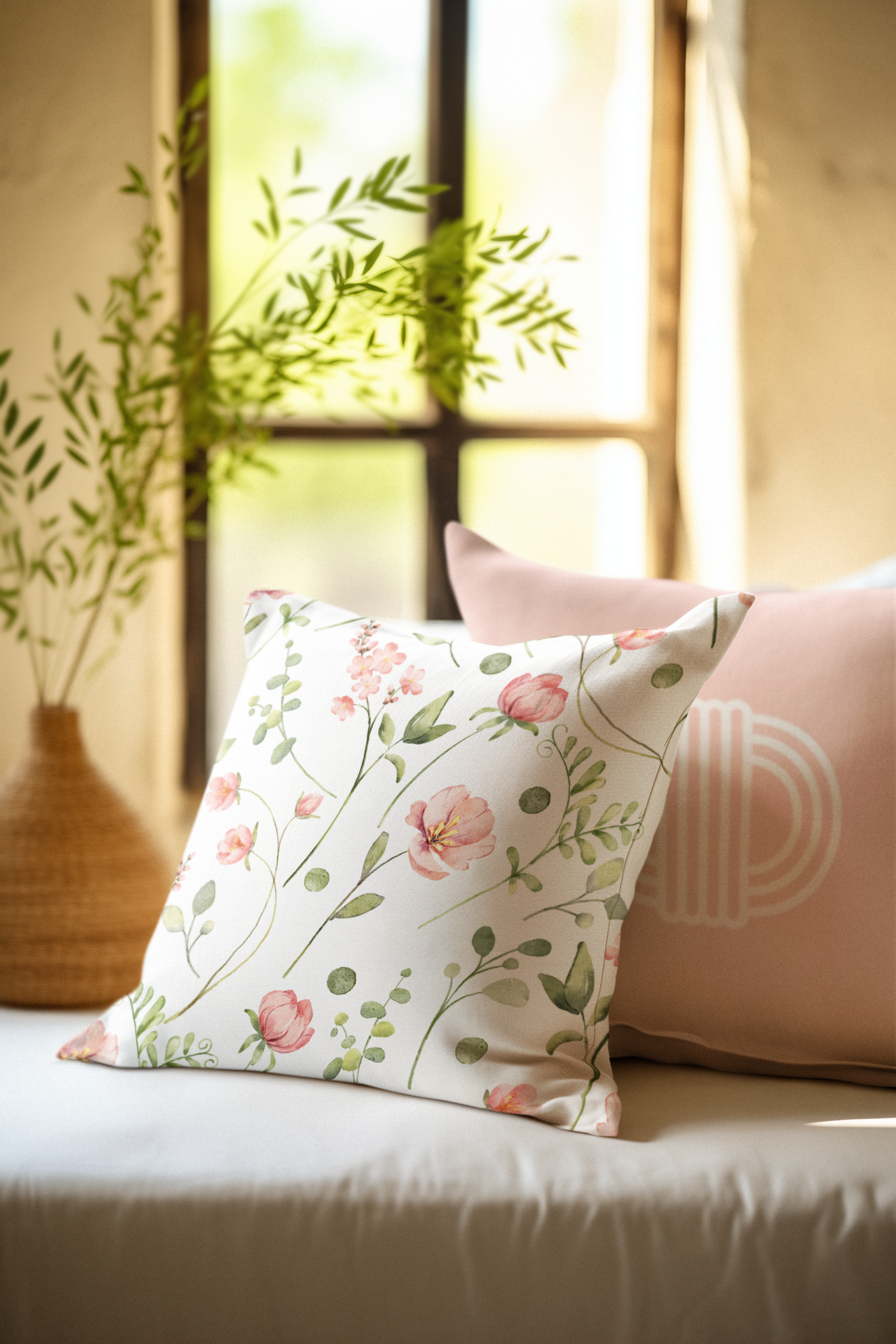 Pink Green Floral Set of 3 Cushion Cover