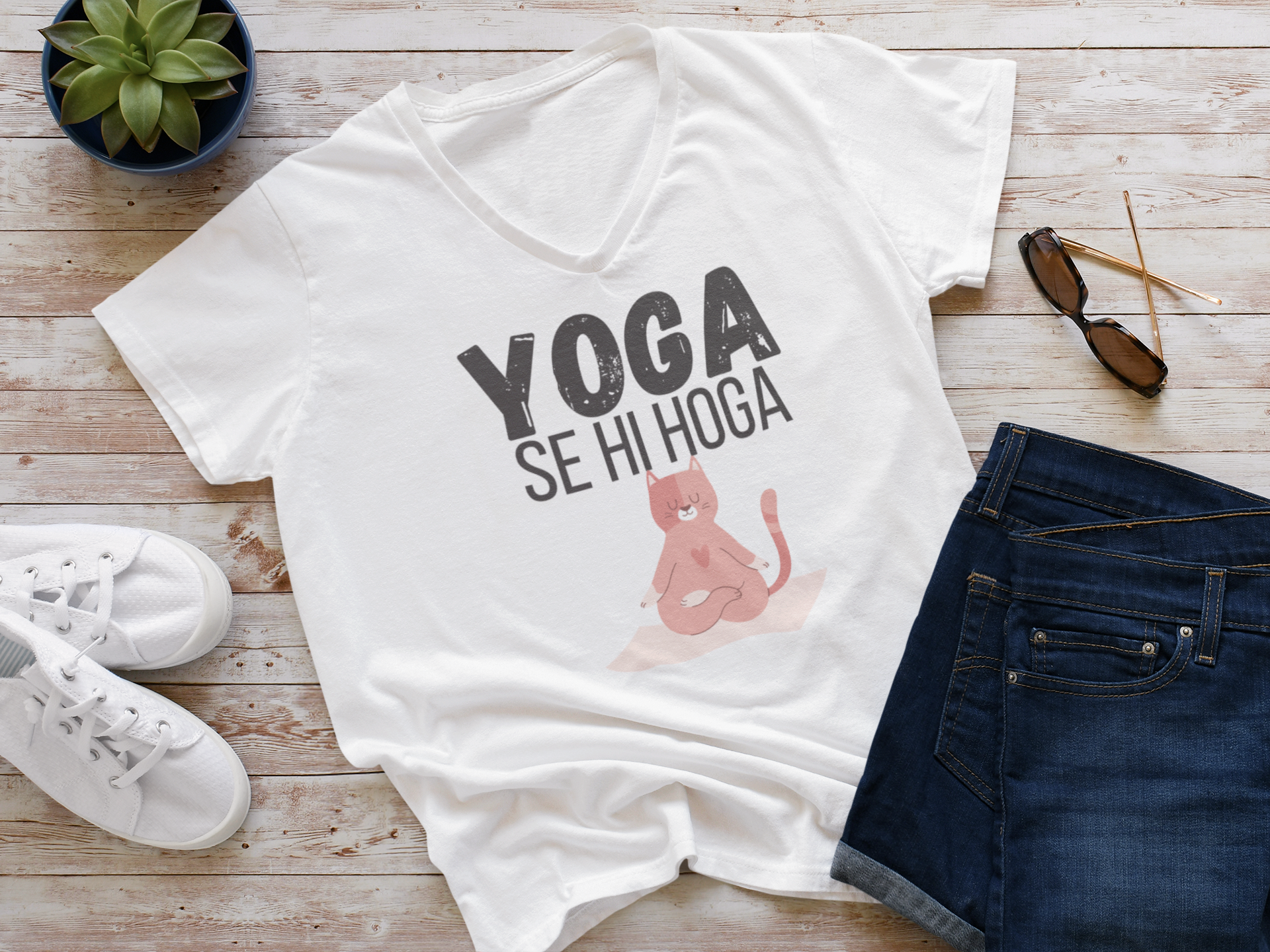 Yoga Se Hi Hoga Tshirt For Cat Lovers | Gym Tshirt V Neck